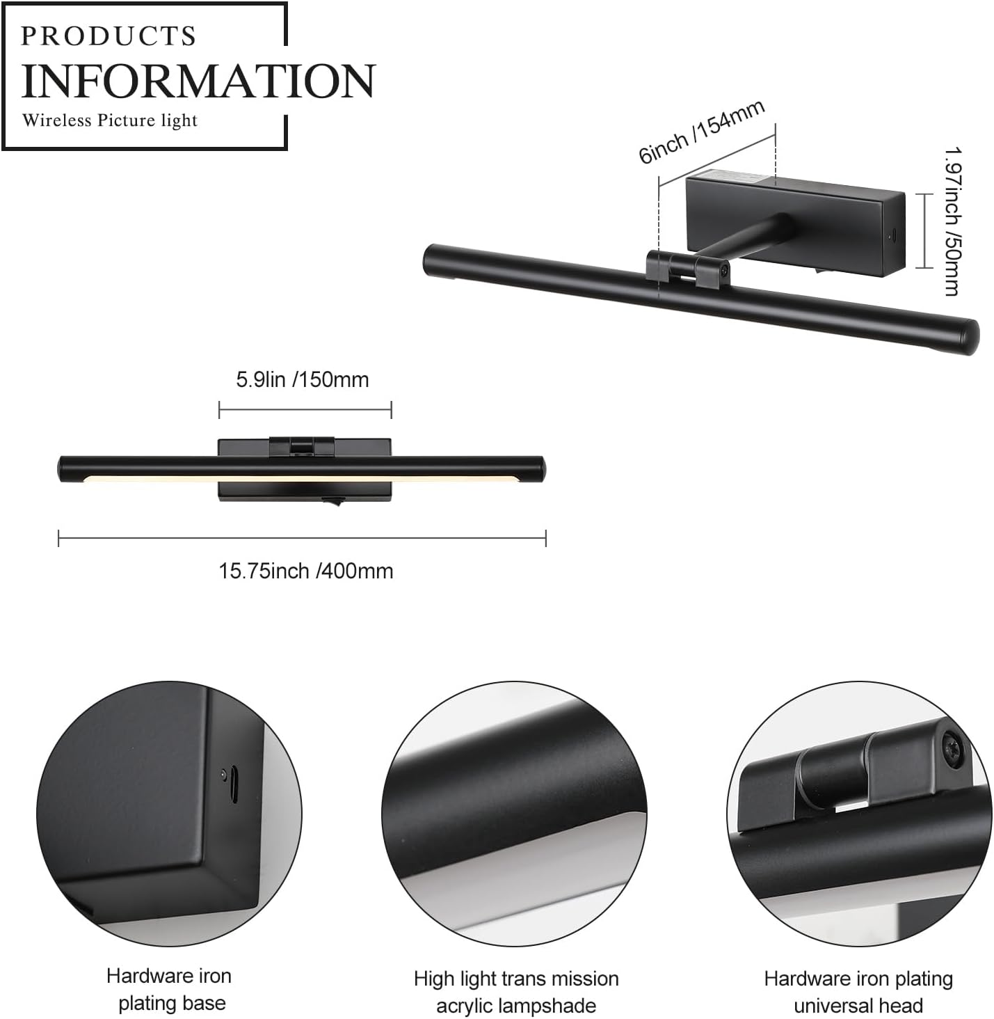 JOOSENLUX Battery Operated Picture Lights Wireless Art Wall Light with Remote Rechargeable Wall Light 15.75" Dimmable and Timed Off Black Wall Sconce