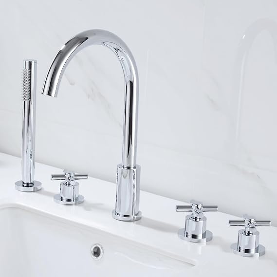 Shower Head Set, 3 Hole Bath Mixer Tap Chrome Shower Head and Hose Set for Bath Taps Bathroom Hot Cold Water Tap Mixer Shower,Chrome-5 Holes