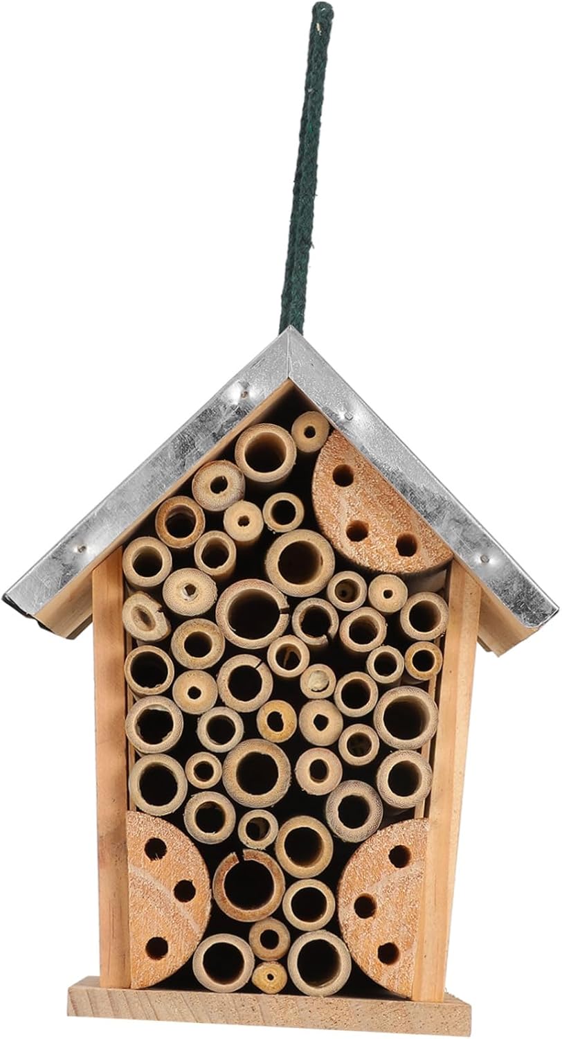 Milisten Waterproof Wooden Insect Bee House Hanging Habitat for Bees Butterflies Ladybugs Outdoor Pollinator Hotel for Garden and Yard Sturdy Iron Sheet Design