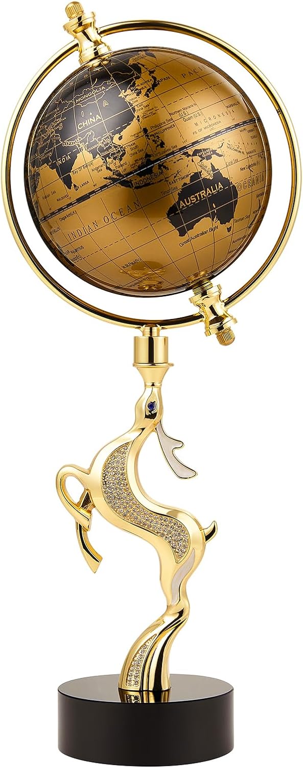 Luxury World Globe: Rotating Gold Globe on Diamond-Accented Deer & Crystal Base, Large 17" Desktop Decor for Office, Elegant Home Decor and Holiday Gift