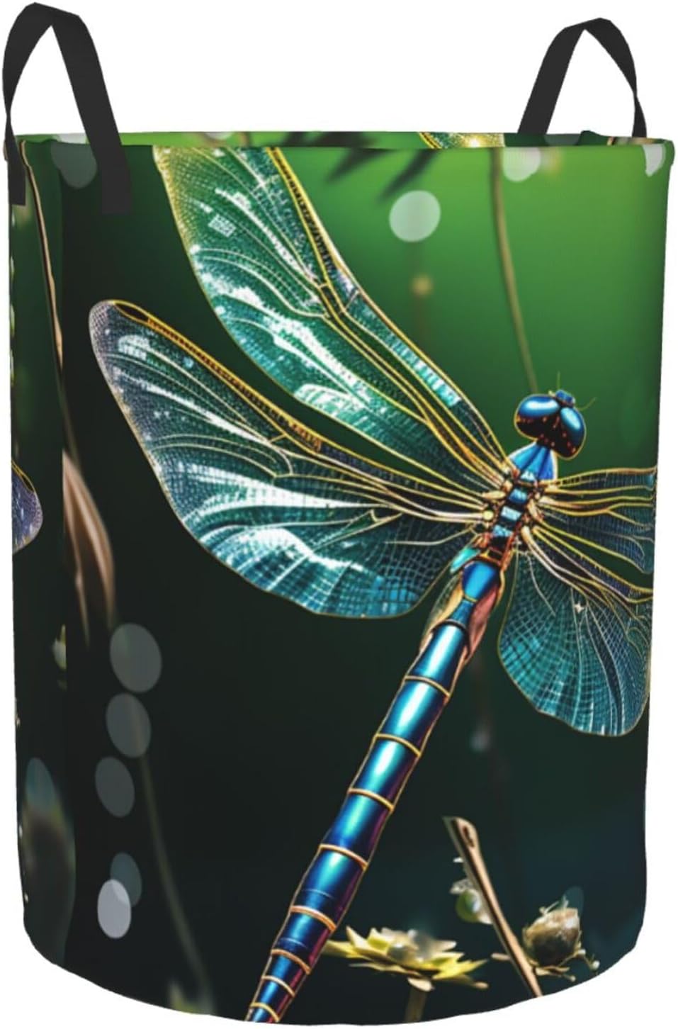 Dragonfly Green Laundry Basket With Handles, Foldable Laundry Hamper Oxford Cloth Dirty Clothes Basket Waterproof Clothes Toys Storage Bin Organizer for Bedroom Bathroom Dorm