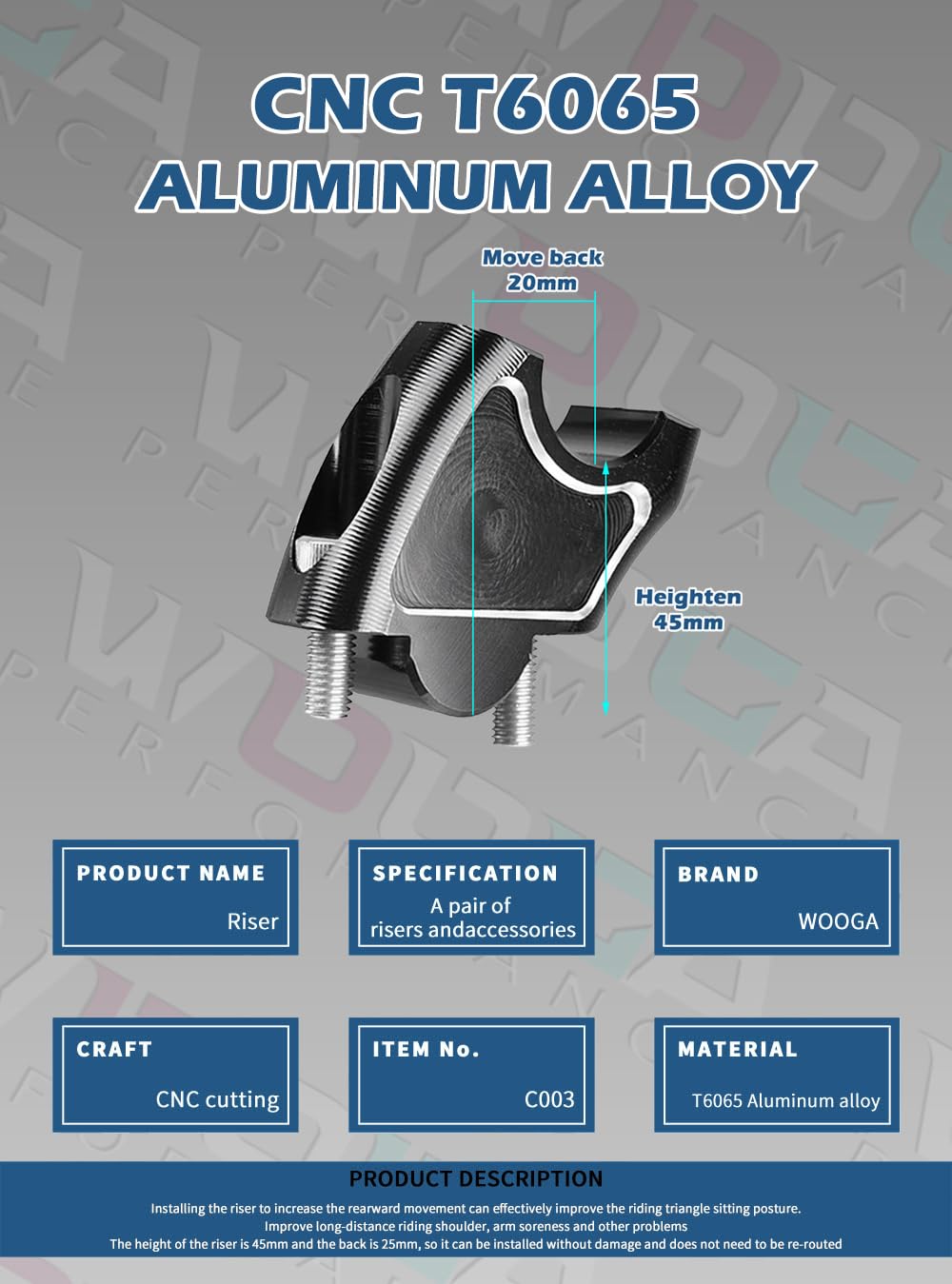 WOOGA Piezas modificadas para motocicleta Elevadores de manillar Kit de abrazadera de montaje de altura de 45 mm 25 mm hacia atrás Compatible con Ho&nda Rebel CMX 1100500/300/250 Accesorios 2017-2024