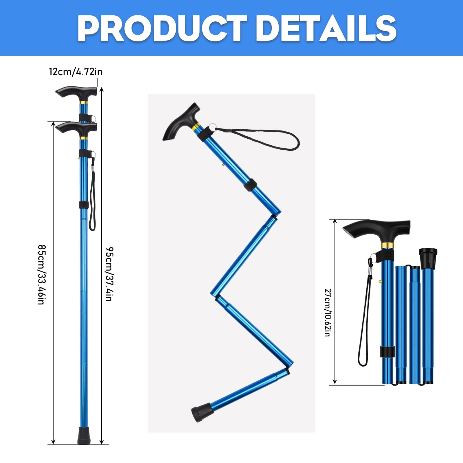 Bastón Plegable, Bastones Altura Ajustable Bastón Plegable y Extensible para Mayores Bastones para Caminar con Pulsera y Mango en T para Senderismo Alpinismo Trail Viaje Azul