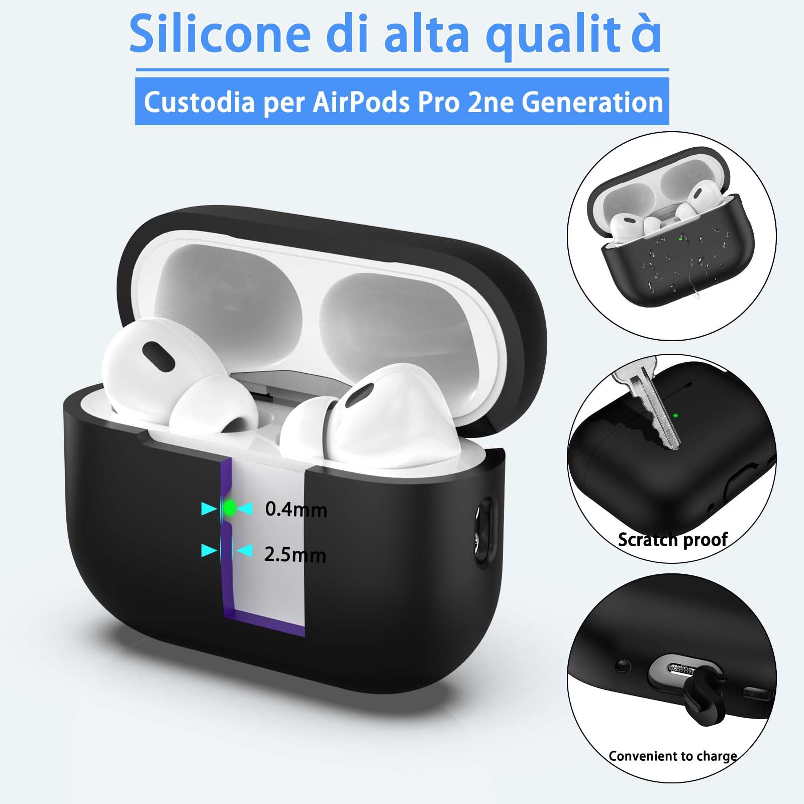 Custodia per AirPods Pro di seconda generazione, Custodia per AirPods Pro in morbido silicone anticaduta e antiurto Skin Touch con portachiavi e kit di pulizia,Nero