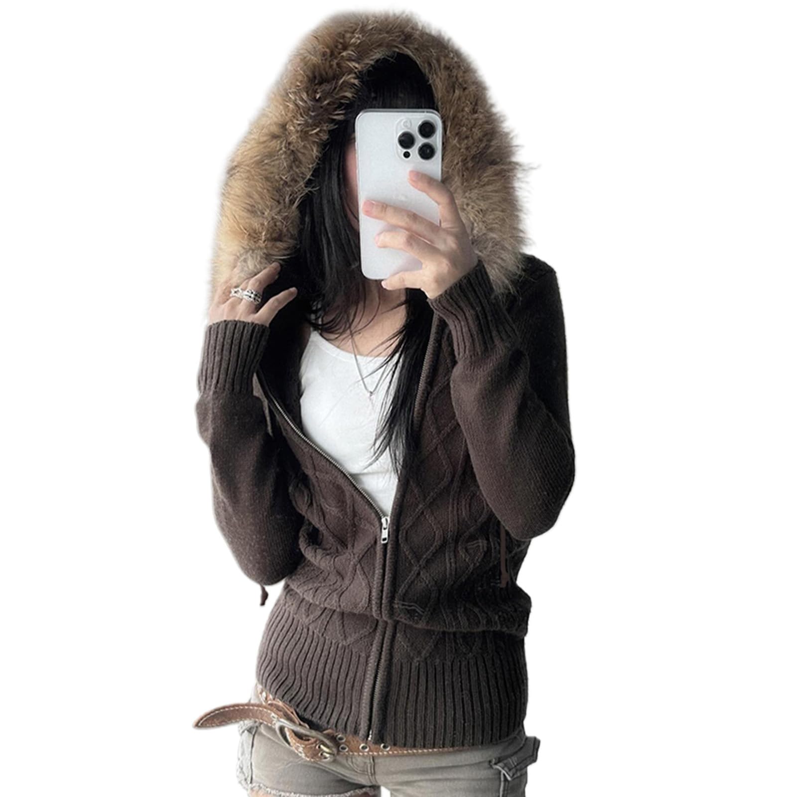 Women's Y2k Faux Fur Lined Hood Cardigan Sweaters Solid Color Long Sleeve Zip Up Cable Knitted Hoodies Fall Winter Sweater Coat