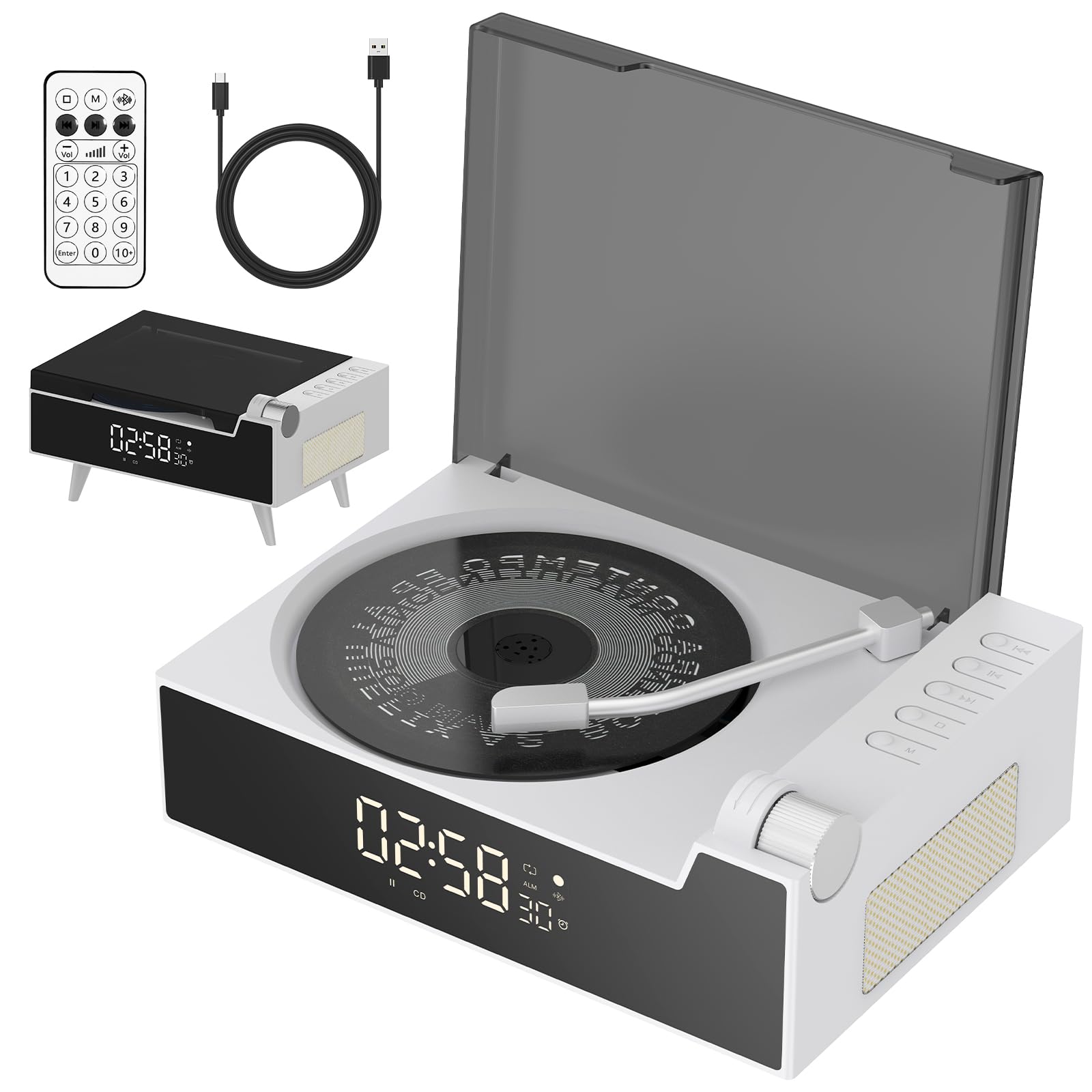 Portable Bluetooth CD Player, Rechargeable Retro Suitcase Style Music Player (White)-image-21