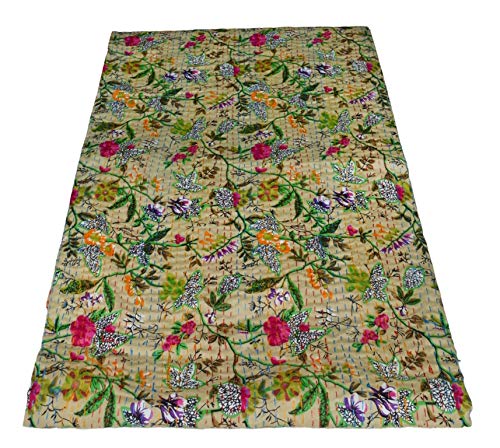 YUVANCRAFTS Indian Handmade Floral Print Kantha Quilt Twin Size Vintage Kantha Kantha Throw Bkanket Bedspread