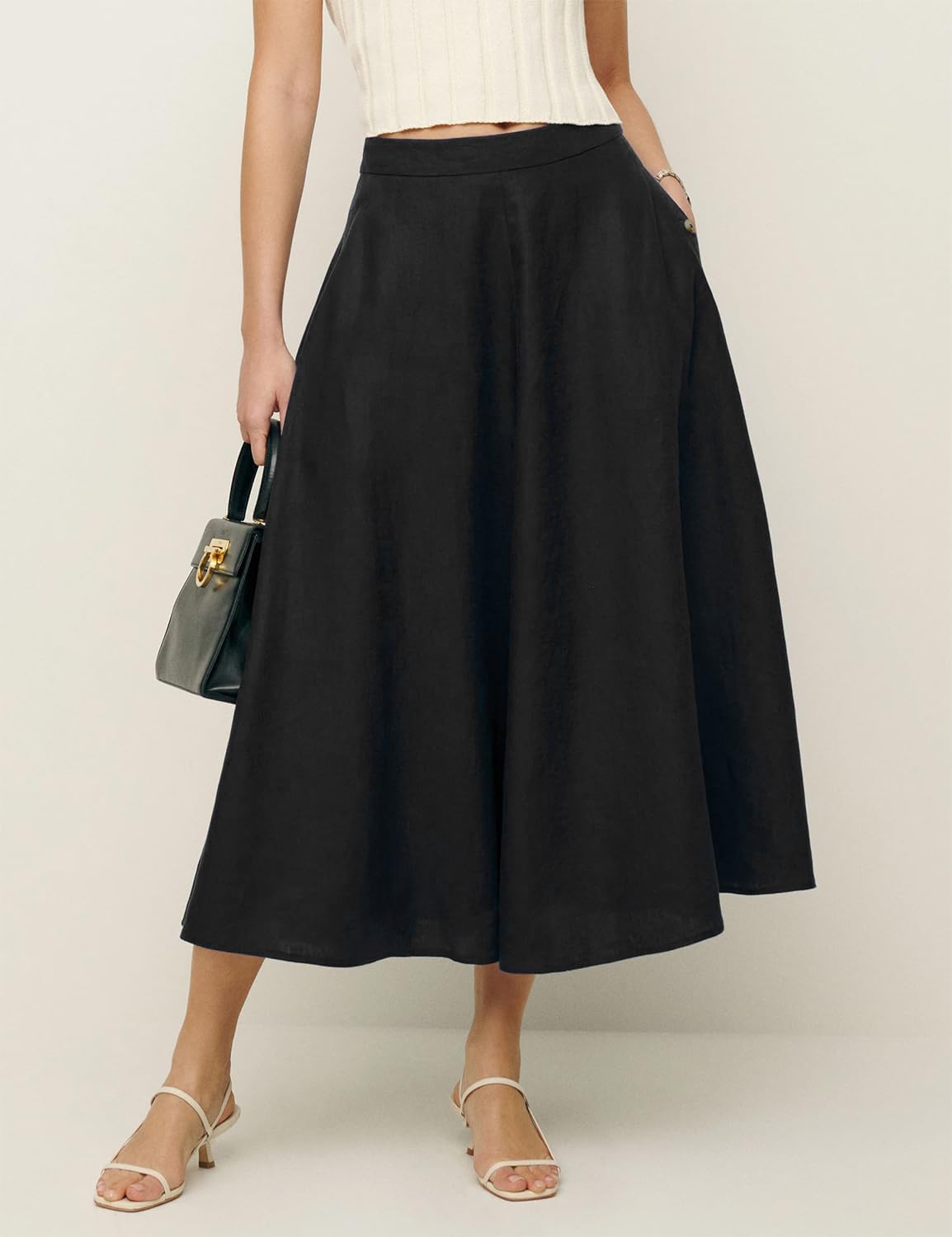IDEALSANXUN Womens Cotton Linen Skirts Spring Summer A Line Pleated Maxi Midi Skirt with Pockets