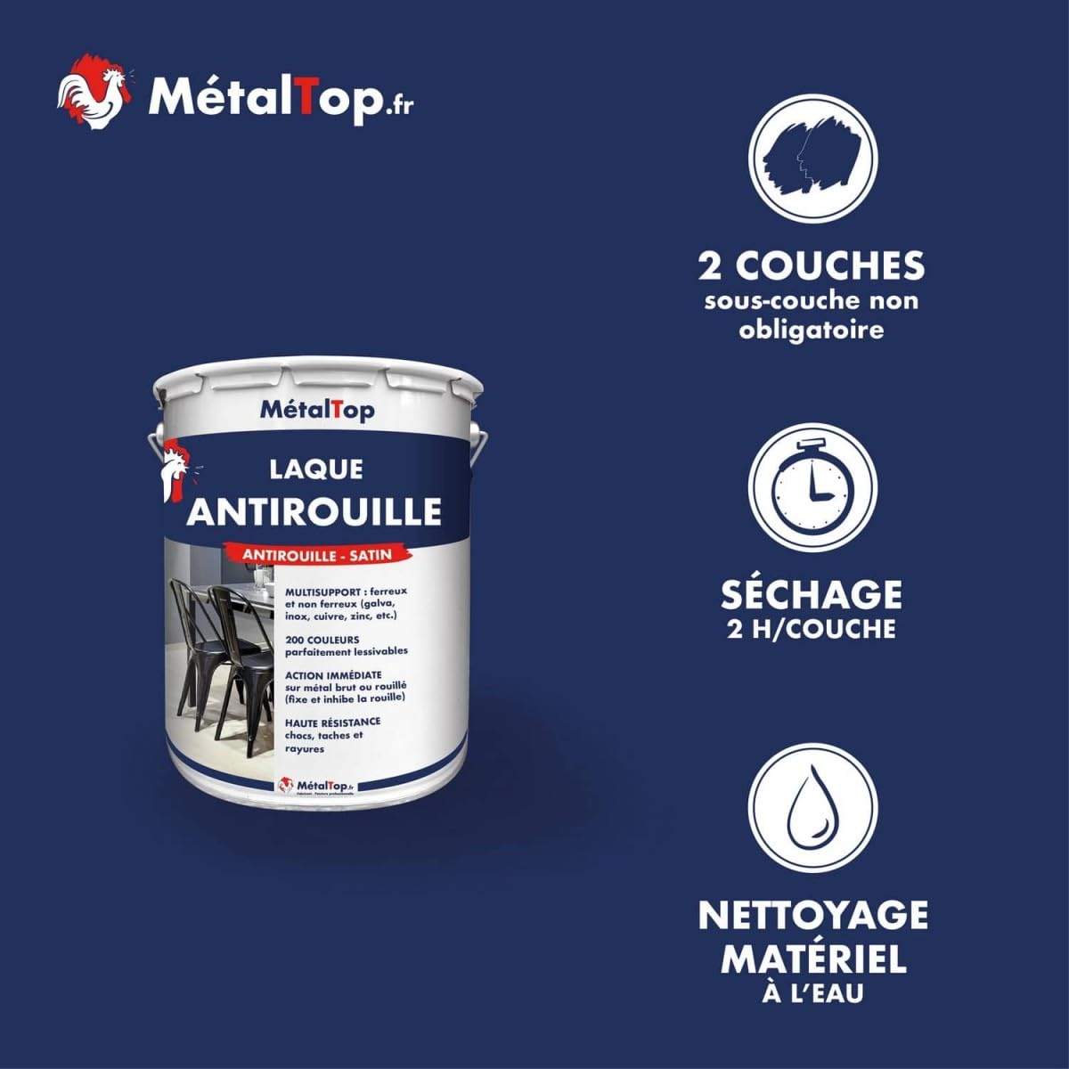 Metaltop - Laque Antirouille - Gris clair - RAL 7035-1 L - Laque de finition satinée pour protéger durablement fer et acier.