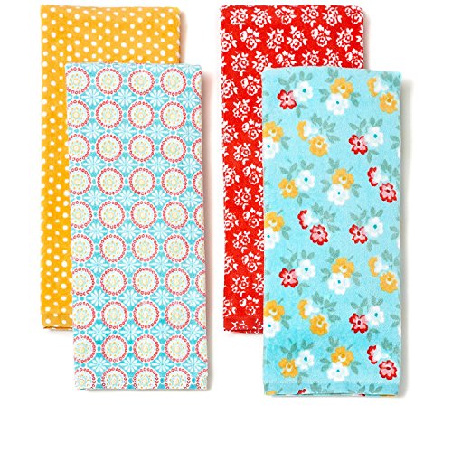 The Pioneer Woman Spring Floral Kitchen Towel Set, 4pk, Print,Red, Teal, Yellow, White