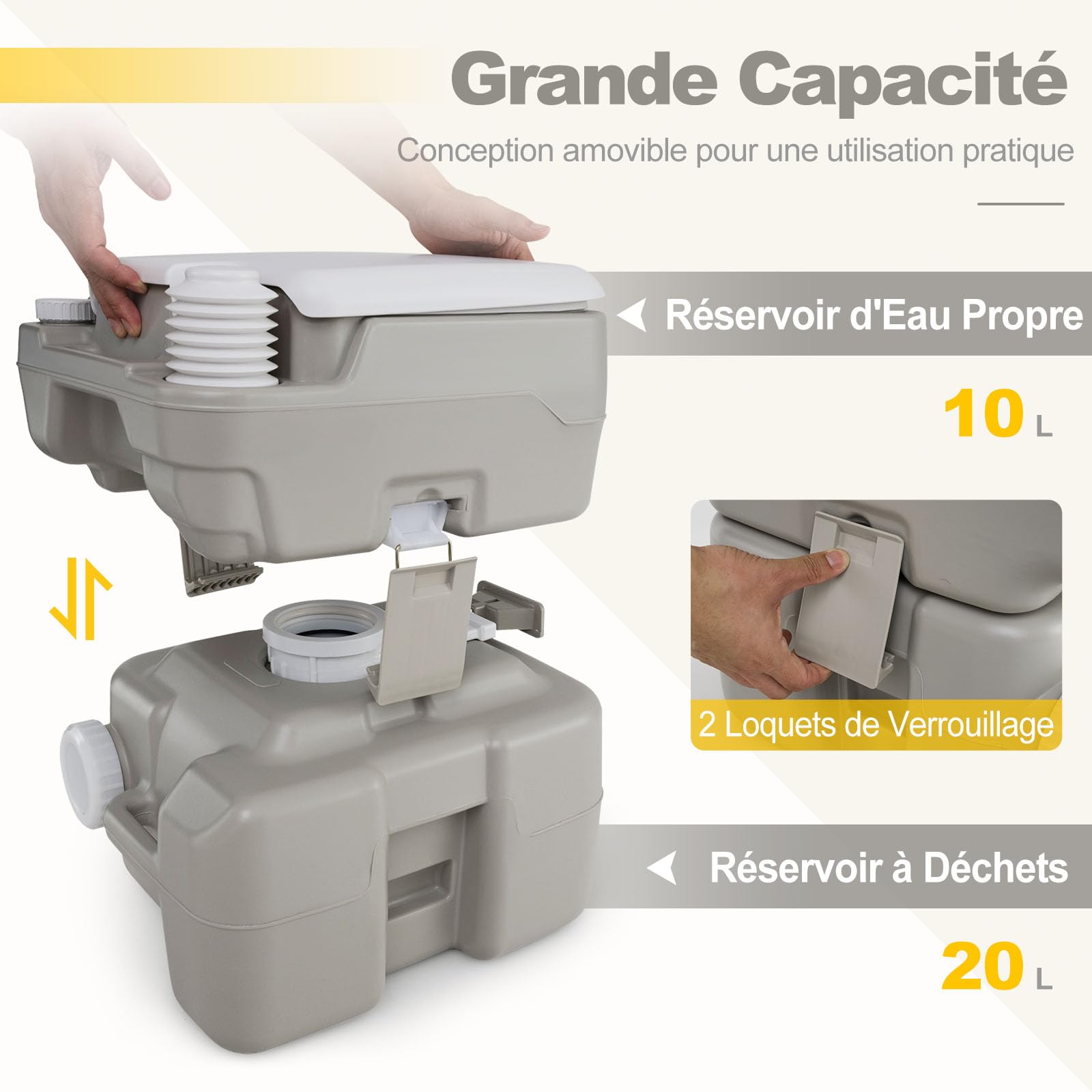 COSTWAY Toilette Portable avec Réservoir à Déchets de 20 L, Toilette Mobile avec Pompe de Rinçage et Entonnoir Télescopique, Commode pour Voyage Pêche Bateau Randonnée, Gris