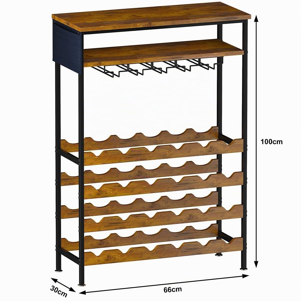Shally Dogan Portabottiglie da Terra per Vino con 24 Scomparti Porta Bottiglie, 10 Portacalici e 1 Ripiano, Cantinetta Industrial per Angolo Bar con Struttura in Acciaio e Ripiani in Legno 66x30x100cm
