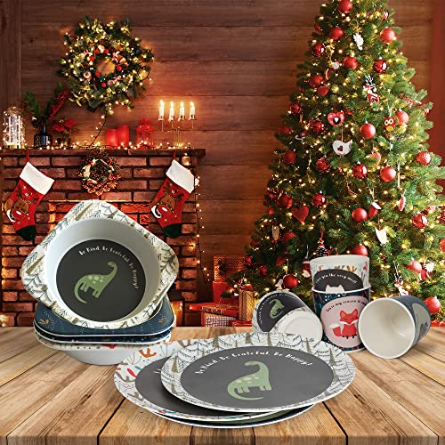 Beebon Beauty Home Bamboo Plates For Kids - Set Of 4 Pack Super Cute Dog, Dinosaur, Fox & Cat #TOP4