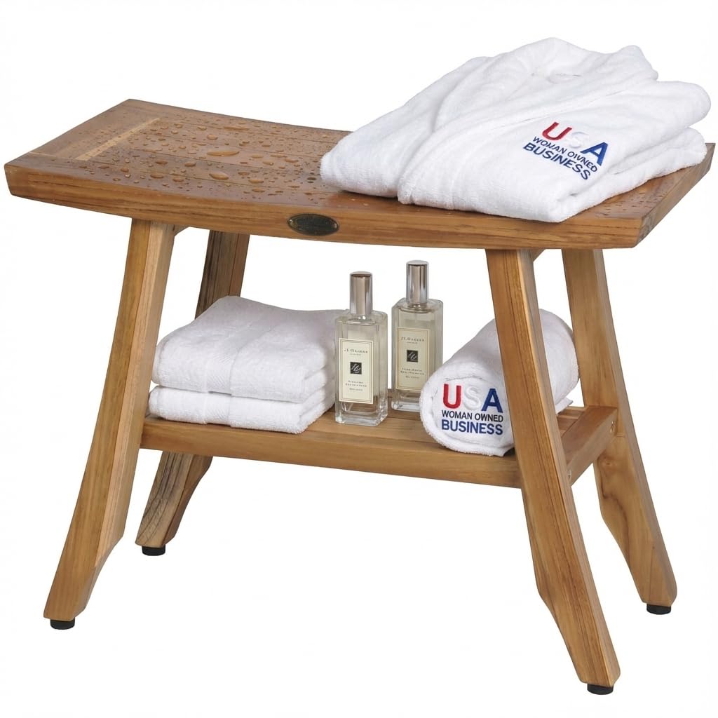 EcoDecors 24 Inch Satori Natural Teak Waterproof Teak Wood Shower Bench Stool Seat Chair for Inside Shower Provides Safety, Storage, and Organization for Bathroom Accessories