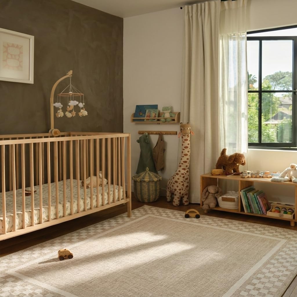 Garvee Checkerboard Border 5x7 Living Room Rugs Modern Neutral Washable Nursery Rug, Non Slip Non Shedding Accent Rug Stain Resistant Low Pile Farmhouse Mats for Bedroom, Dining Room, Office, Beige