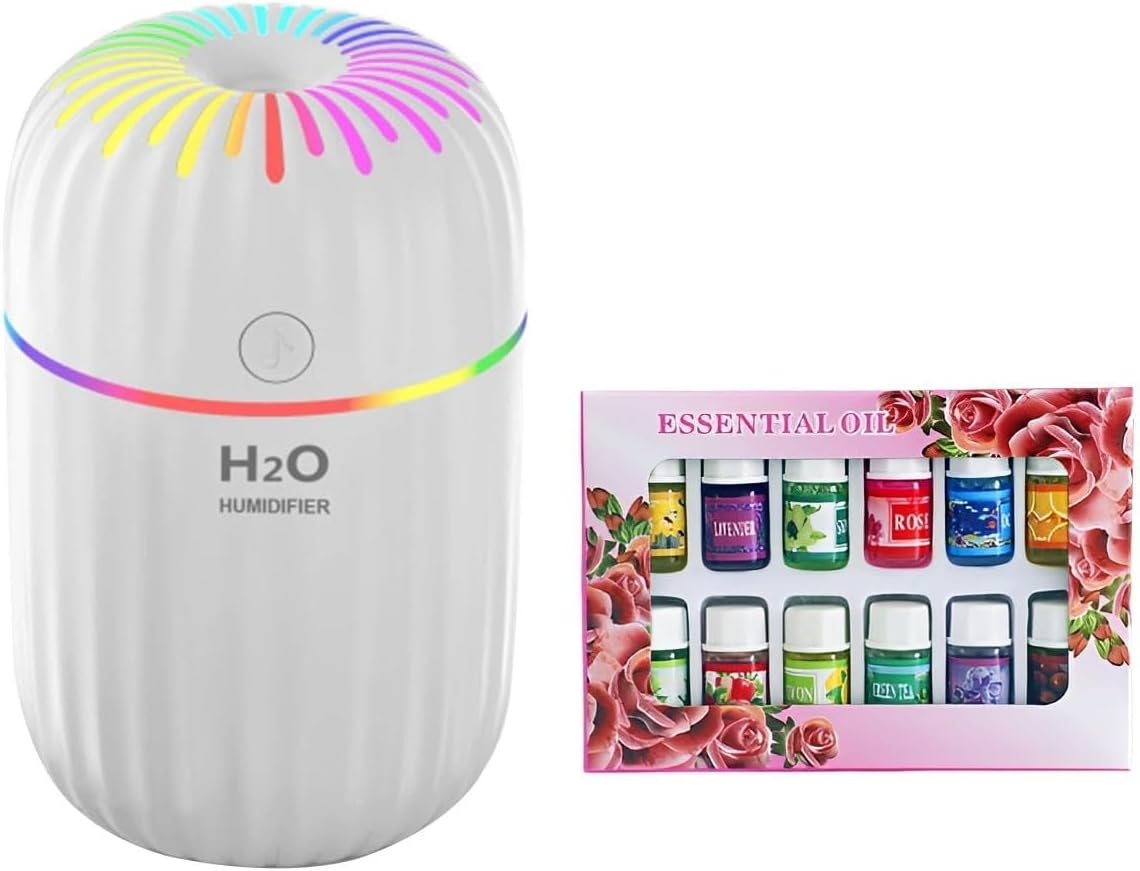 RavSo3-in-1 USB Powered Cute Cat Styled Small Cool Mist Air Humidifier Ultrasonic Aroma Diffuser & Set of 12 Water-Soluble Plant Essential Oils Colorful Night Light with 2 Modes (A7 White)