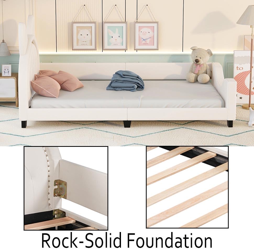 Miniatura 5 de Sofá cama con cabecero, cámaras en forma de conejo, marco de cama de madera con plataforma individual para niñas y niños, bonito sofá cama tapizado,