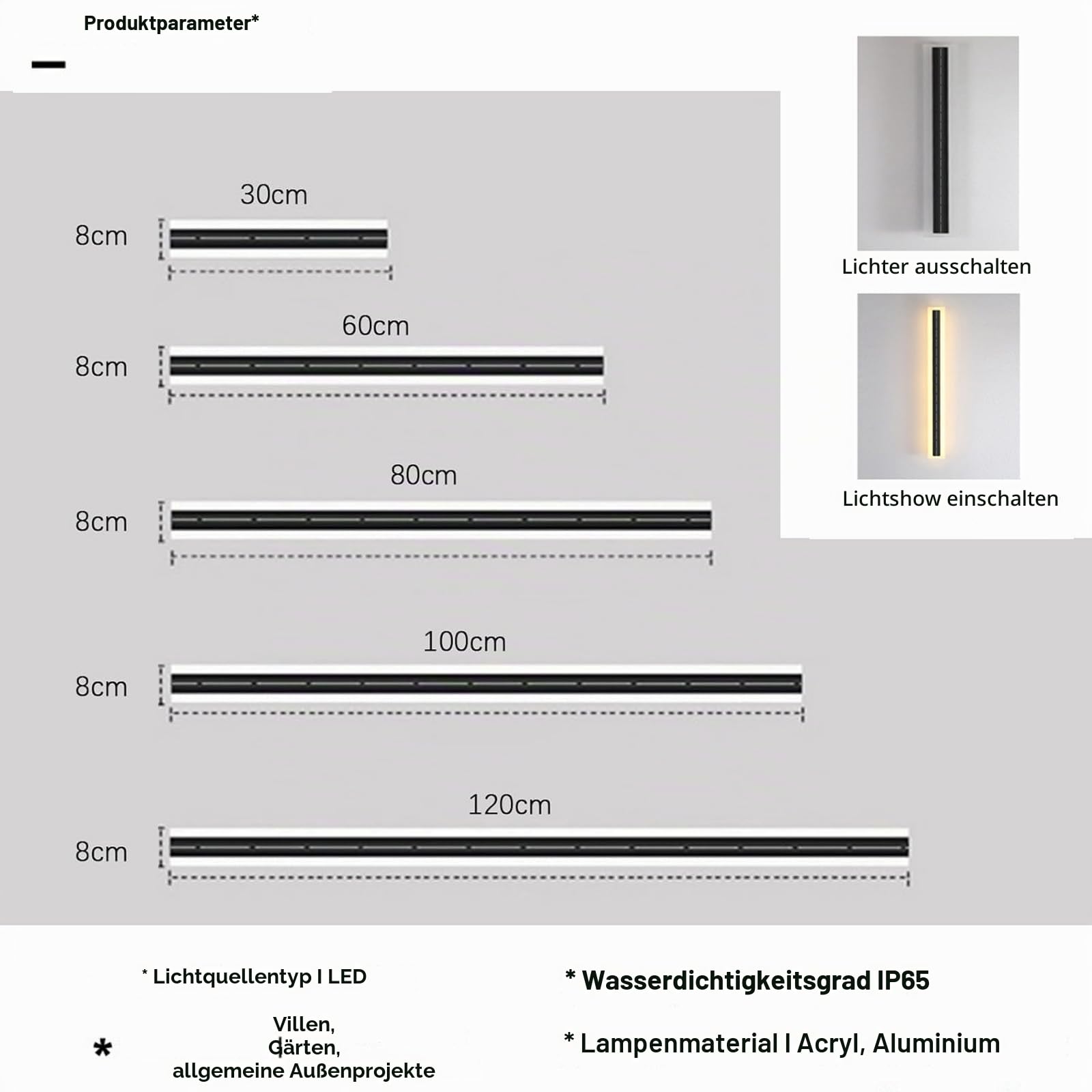 Solar Wandleuchte IP65 Wasserdichte Wandleuchten Außen Garten LED Wandlampe Aussen Schwarz Rechteckig Aluminium Wandlampen 68W Modern Wandbeleuchtung für Hof Garage (Neutrales Licht 4000K,120CM)