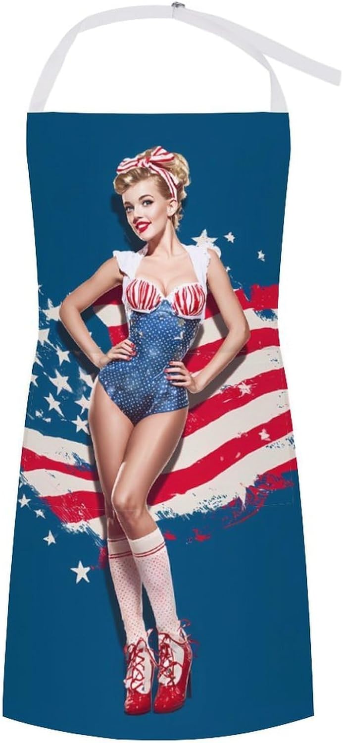 Vintage Pin Ups with U.S. Flag Funny Apron Chef Aprons with Pockets for Gardening Cooking Kitchen