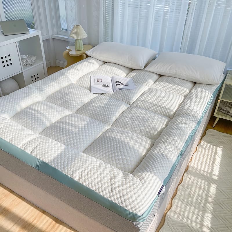 Full XL Size Extra Thick Mattress Breathable Mattress Pad Protector Pocket Soft Down Alternative Fill Mattress Cover Bedding Quilted Fitted Fluffy Soft Mattress Pad, (47"x80",Green Edges)