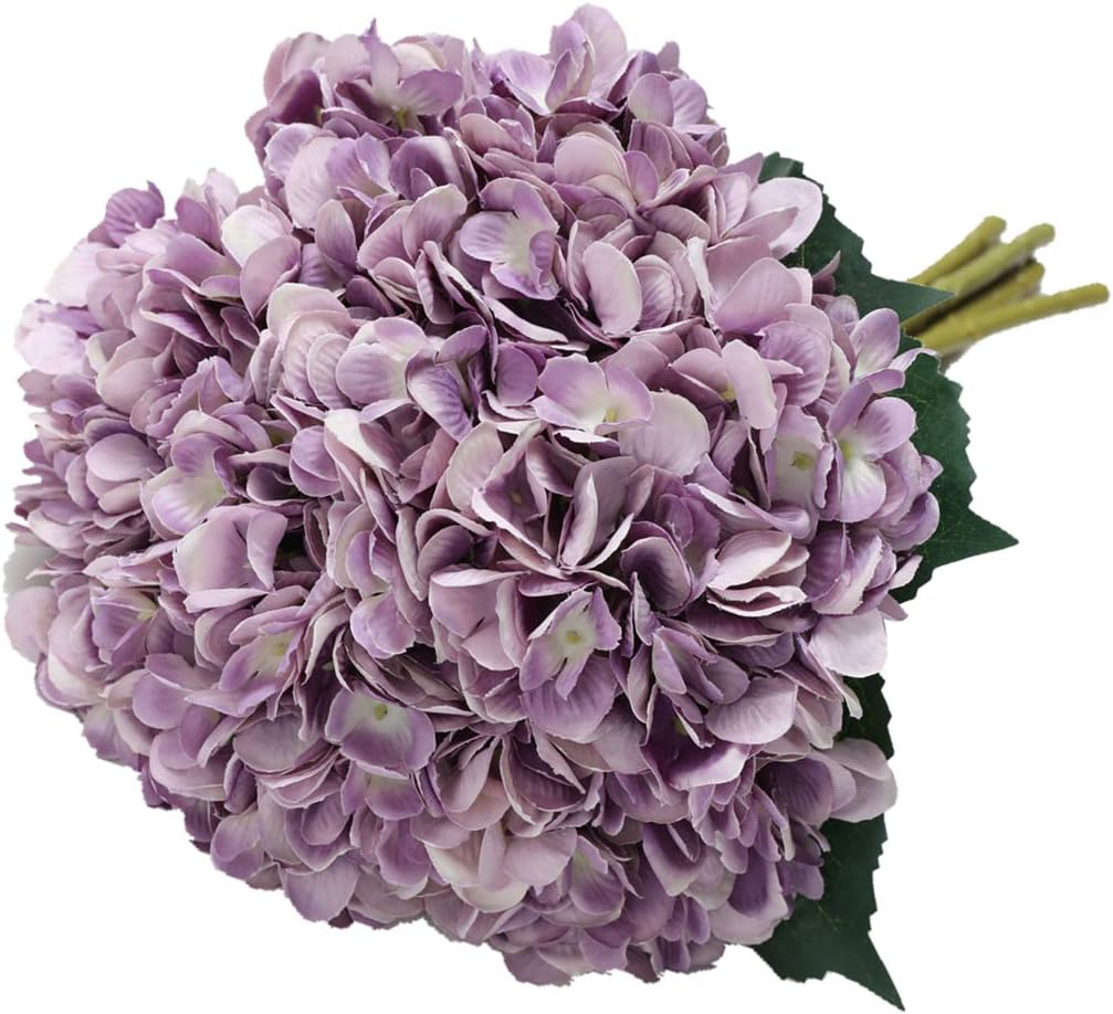Tifuly Artificial Hydrangea Flowers, 5 PCS Realistic Single Long Stem Silk 6.6 Inch Flower Head Hydrangea Bouquets for Wedding, Home, Hotel, Party Decoration, Floral Arrangement (Purple)