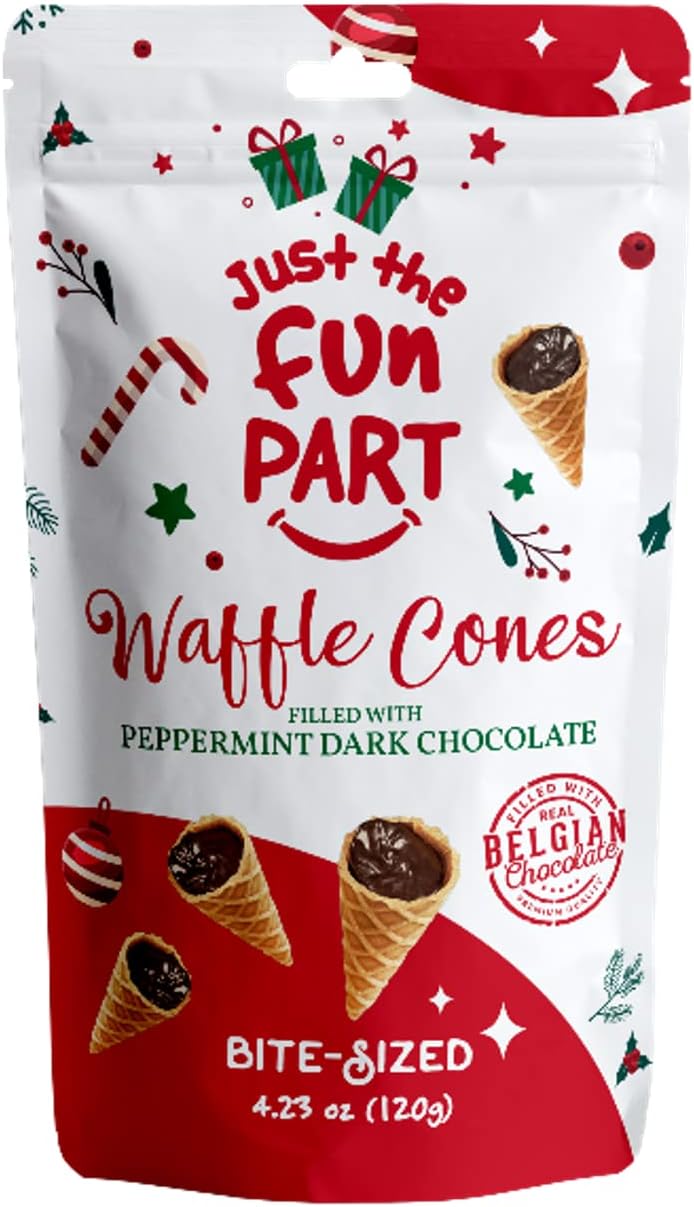 Just The Fun Part, Bite-Size Crispy Mini Waffle Cones, Filled with Premium Belgian Chocolate, Great for Snacks, Dessert, Grab & Go - Kosher, Peppermint Dark Chocolate (Pack of 1)