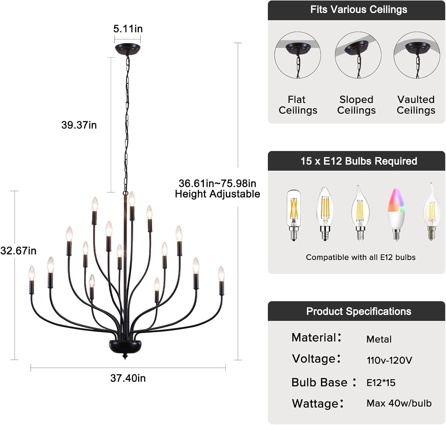 Farmhouse Chandelier for Dining Room, 15-Light Black Branch Chandelier, 37.4" Candle Style Modern Large Hanging Light Fixture for Living Room, Foyer, Entryway, High Ceiling Staircase