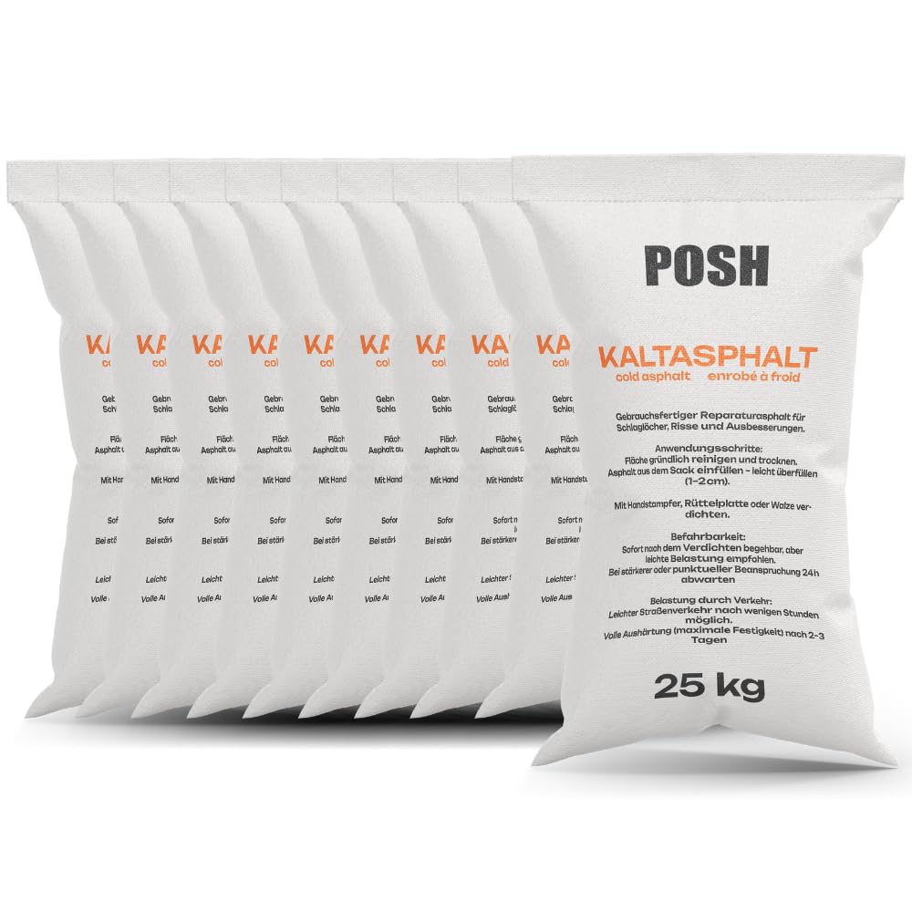 POSH Asfalto en frío 10 x 25 kg – Reparación de grietas de asfalto listo para usar – con un grano de 0 – 8 mm – Pintura bituminosa – Uso universal