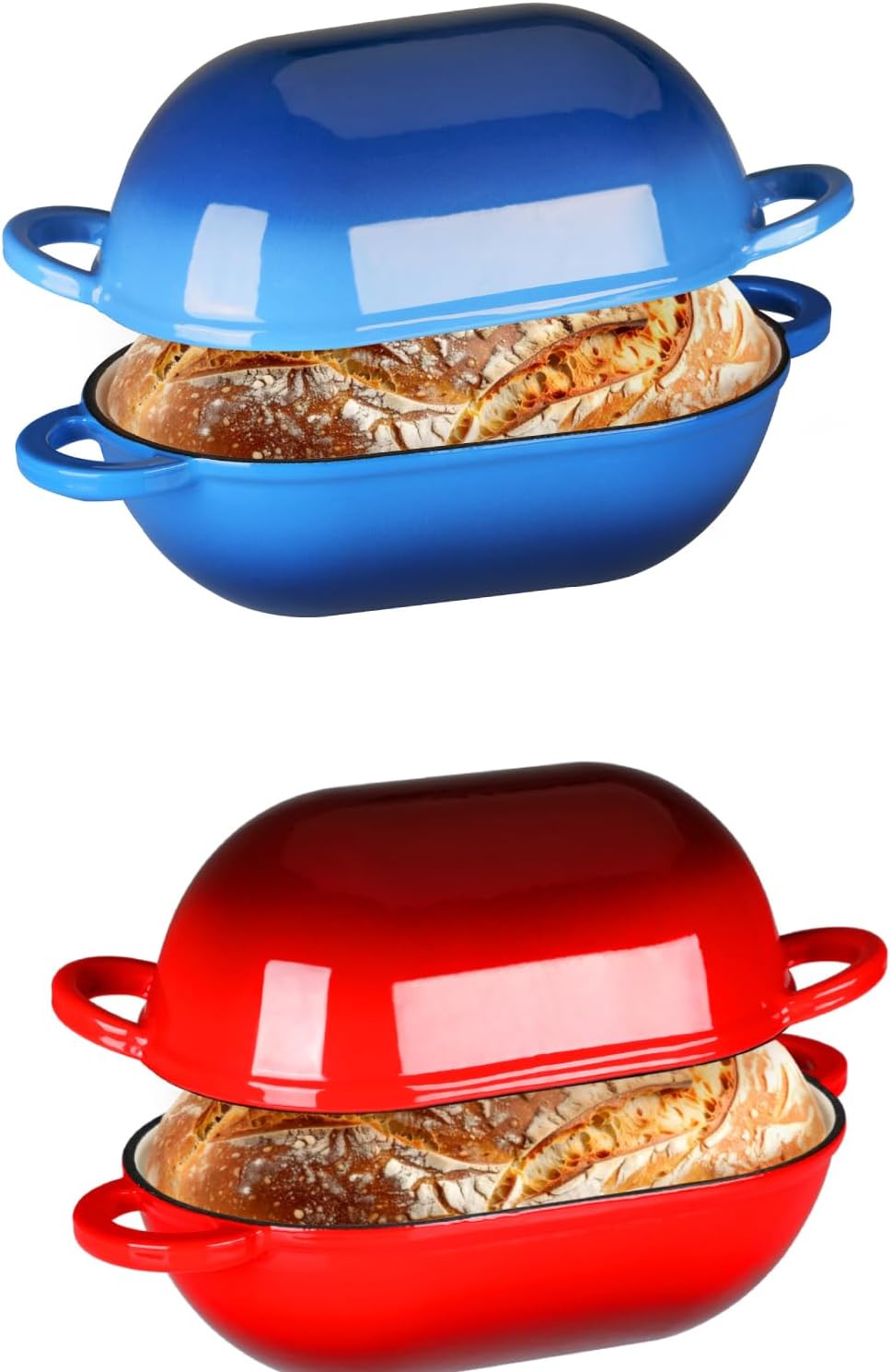 LIFERUN 2x2.5qt Enameled Dutch Oven for Bread Baking, Red and Blue