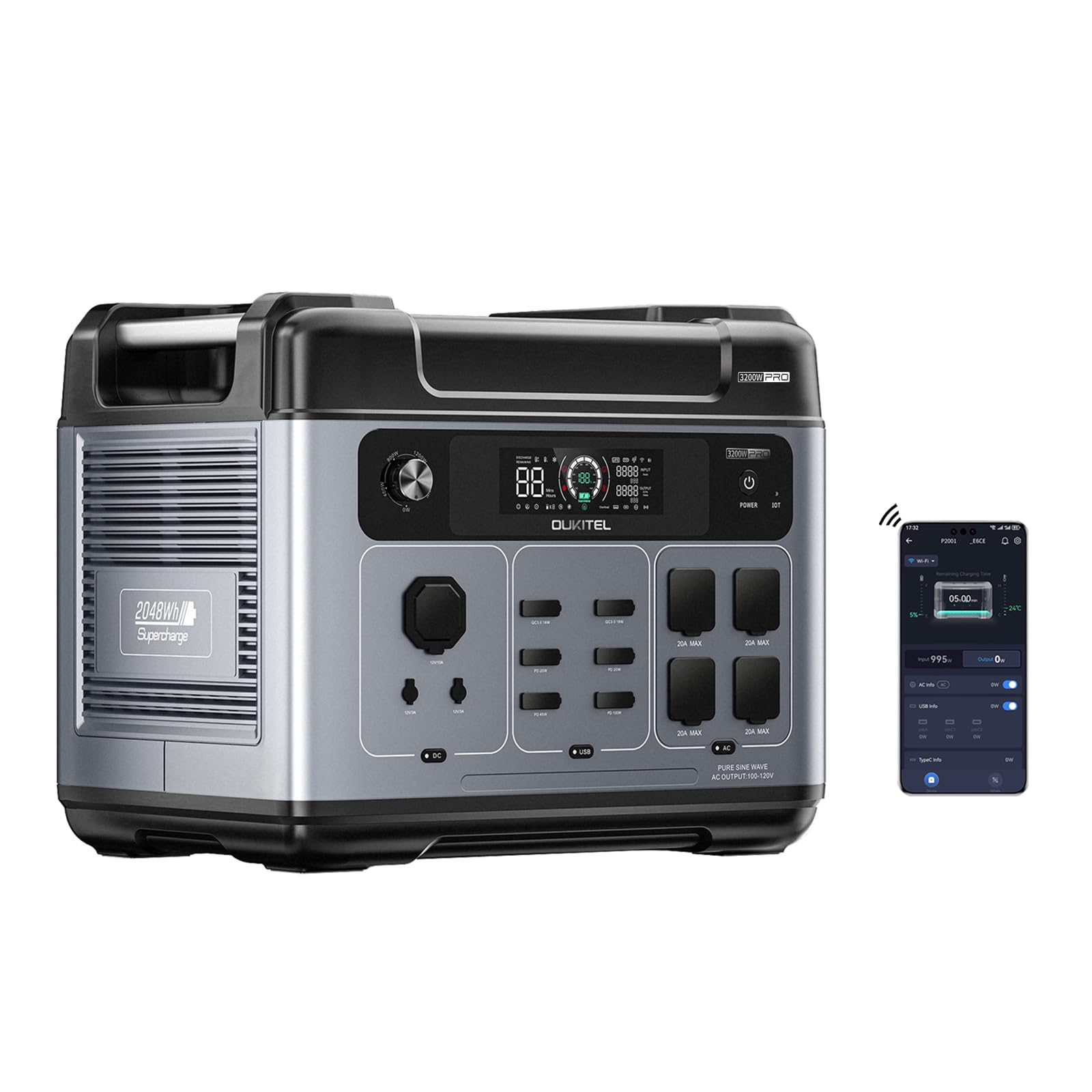 OUKITEL Powerstation 3200W Stromgenerator mit 2048Wh LiFePO4 Akku | USV <10ms, 2800W Schnellladung, 0-80% in 55 Min, 100W USB-C, Solargenerator für Zuhause, Camping & Wohnmobil Notstrom