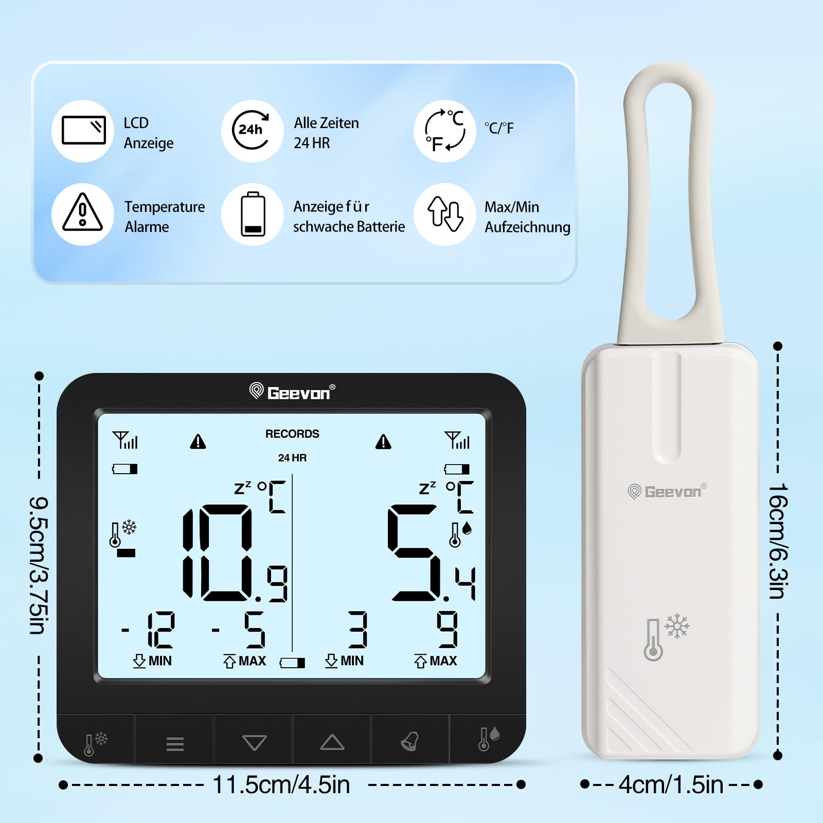 Geevon Thermomètre de réfrigérateur avec 2 capteurs, thermomètre numérique sans fil avec alarme d'enregistrement max/min, affichage numérique du thermomètre intérieur, alarme de réfrigérateur