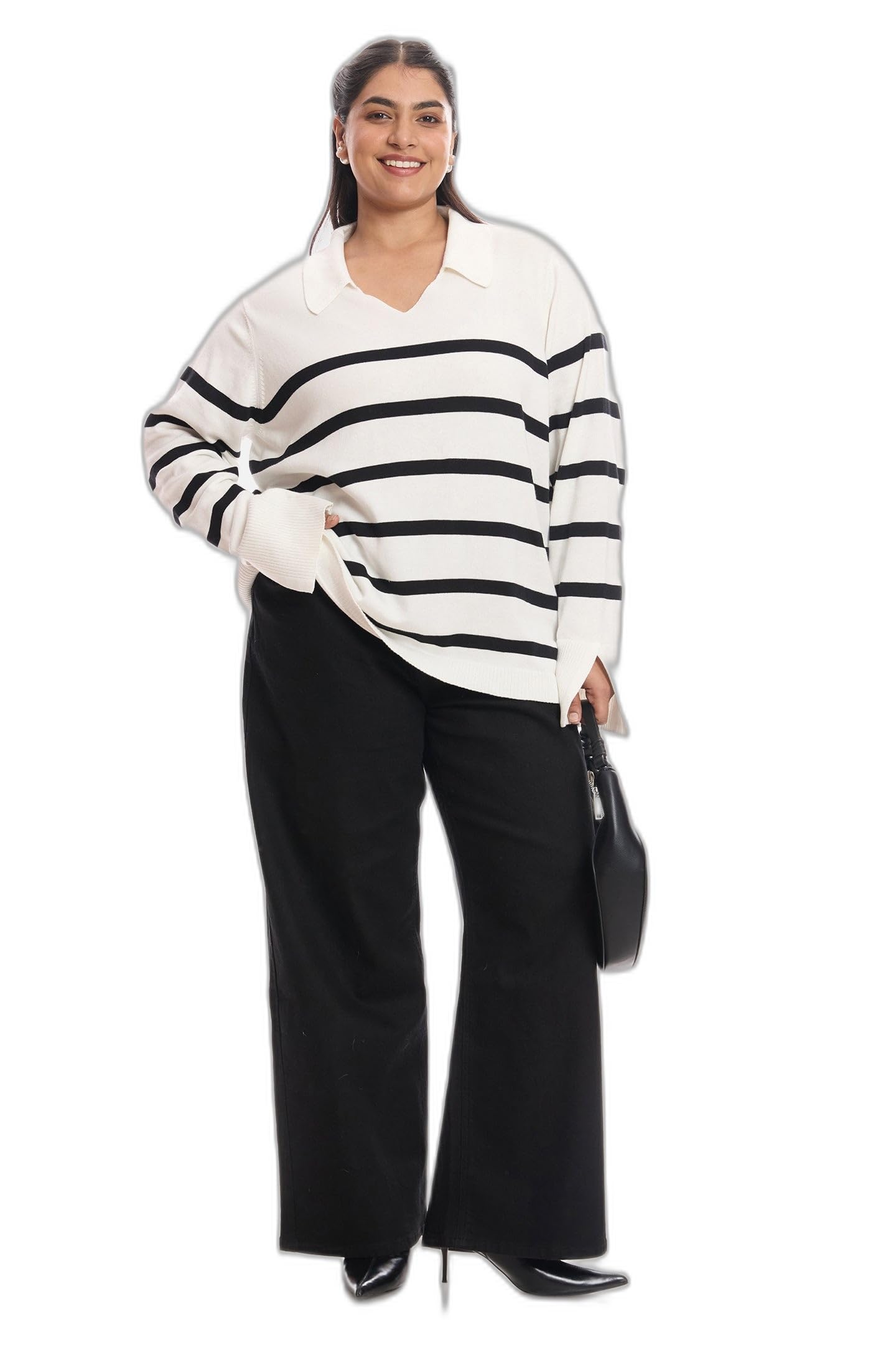 beyond the curve - virgio Beyond the Curve by VIRGIO Women’s Off White Striped Cotton Pullover with Johnny Collar & Elongated Cuffs | Regular Fit Stylish Sweater for Travel, Airport Look & Casual Winter Style-picture-10