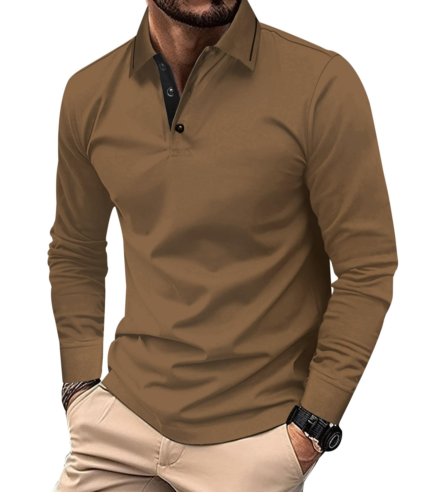 Comilaka Uomo Polo Casual Manica Lunga Poloshirt Top Golf Maglietta Cotone Colori a Contrasto Autunno Inverno Classico