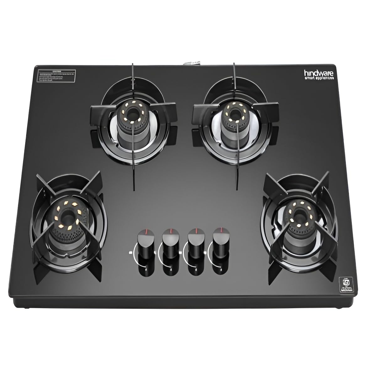 Hindware Coral Blk 4B AI | Brass Burners, Flame Gaurd Pan Supports, Metallic Knobs, Chrome Finish SS Drip Trays, 7mm Toughened Glass with Black…