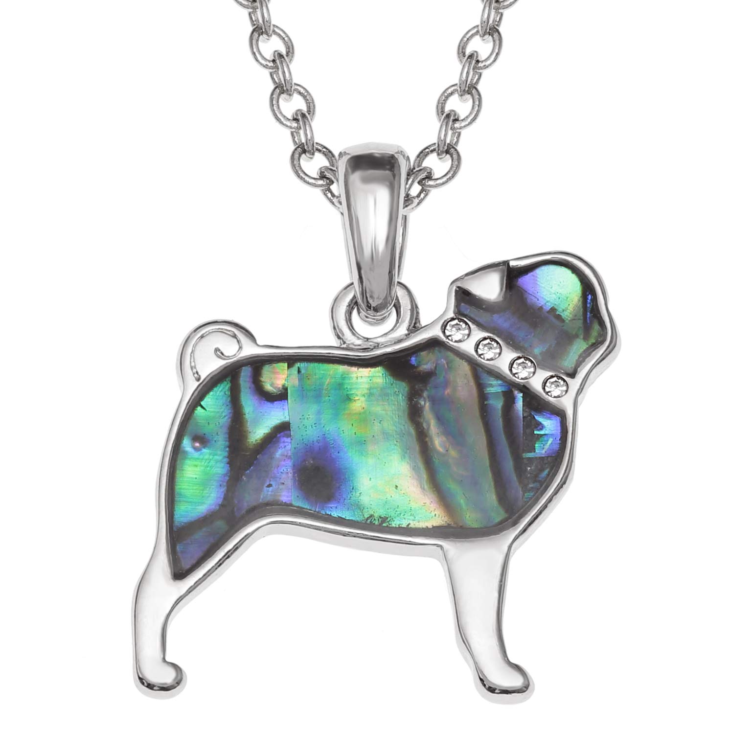 Pug/Dog Pendant Necklace Inlaid With Greenish Paua Abalone Shell And Glass Stone Collar On 18" Trace Chain.