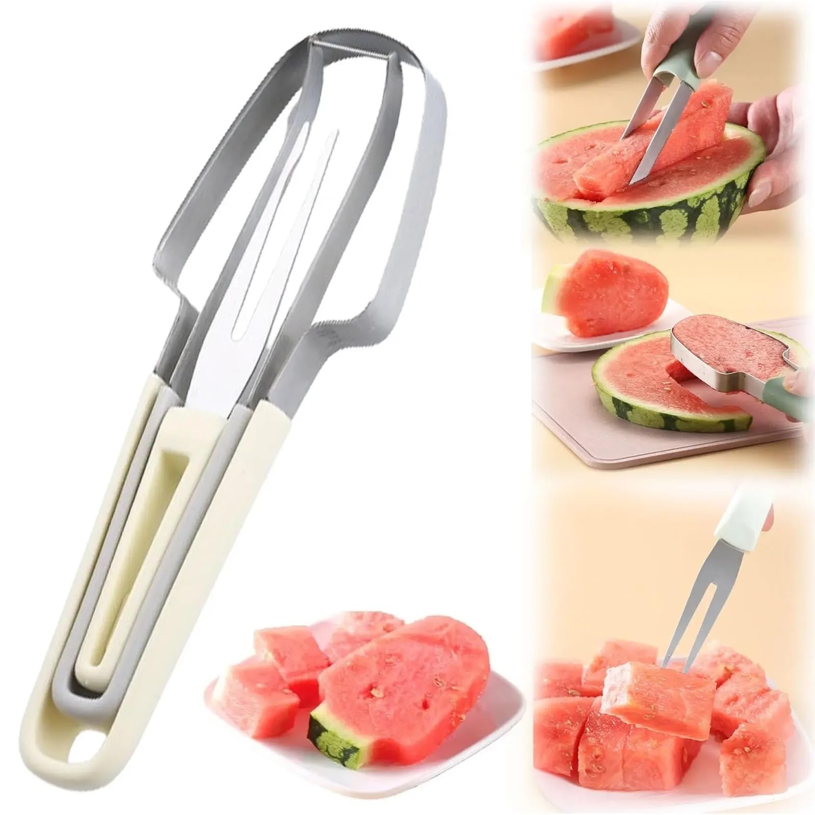 Missffcat 3-in-1 Watermelon Cutter Slicer Tool - Ergonomic Stainless Steel Fruit Cutter for Easy Serving and Fun Popsicles(Beige)
