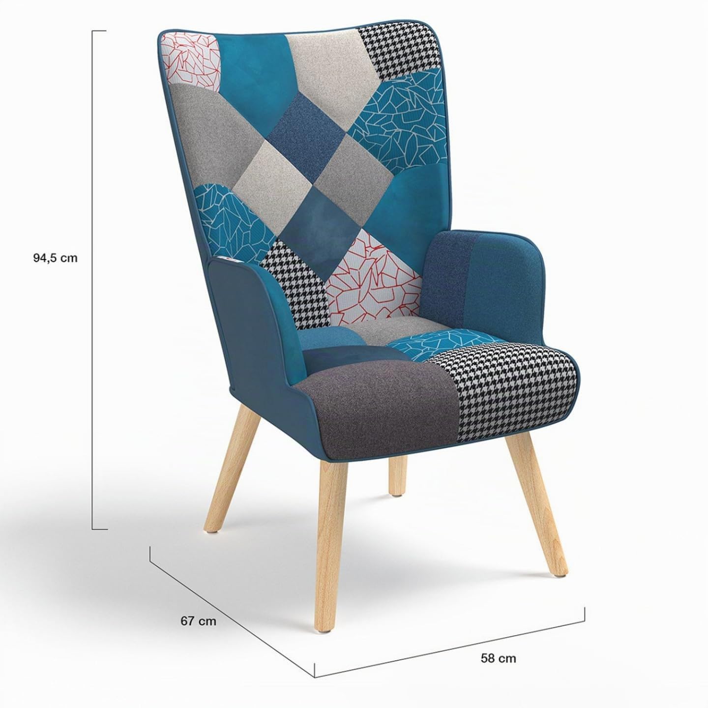 IDMarket Ivar - Sillón escandinavo con reposamuñecas en tejido Patchwork y terciopelo azul