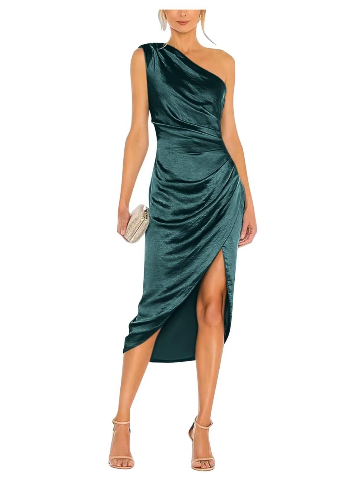 Satin Bridesmaid Dresses for Women One Shoulder Prom Dress Pleated Midi Formal Cocktail Gown Wedding Guest Dress with Slit