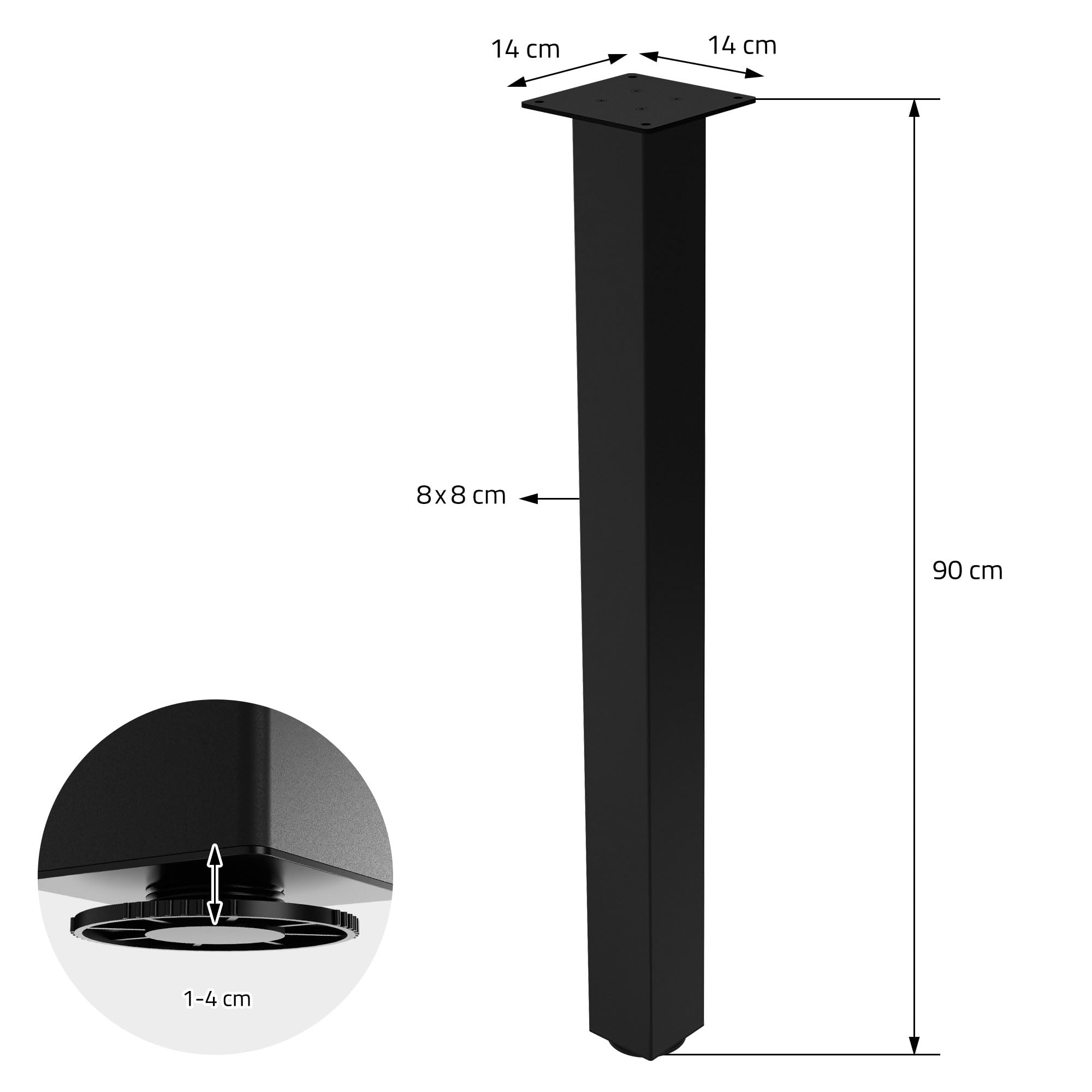 ML-Design Juego de 4 Patas de Mesa 90cm Negro Brillante de Acero con Recubrimiento en Polvo, Perfil 8x8cm, Pies Regulables en Altura 1-4 cm para Muebles, Mesitas de Centro, Bancos o Aparadores