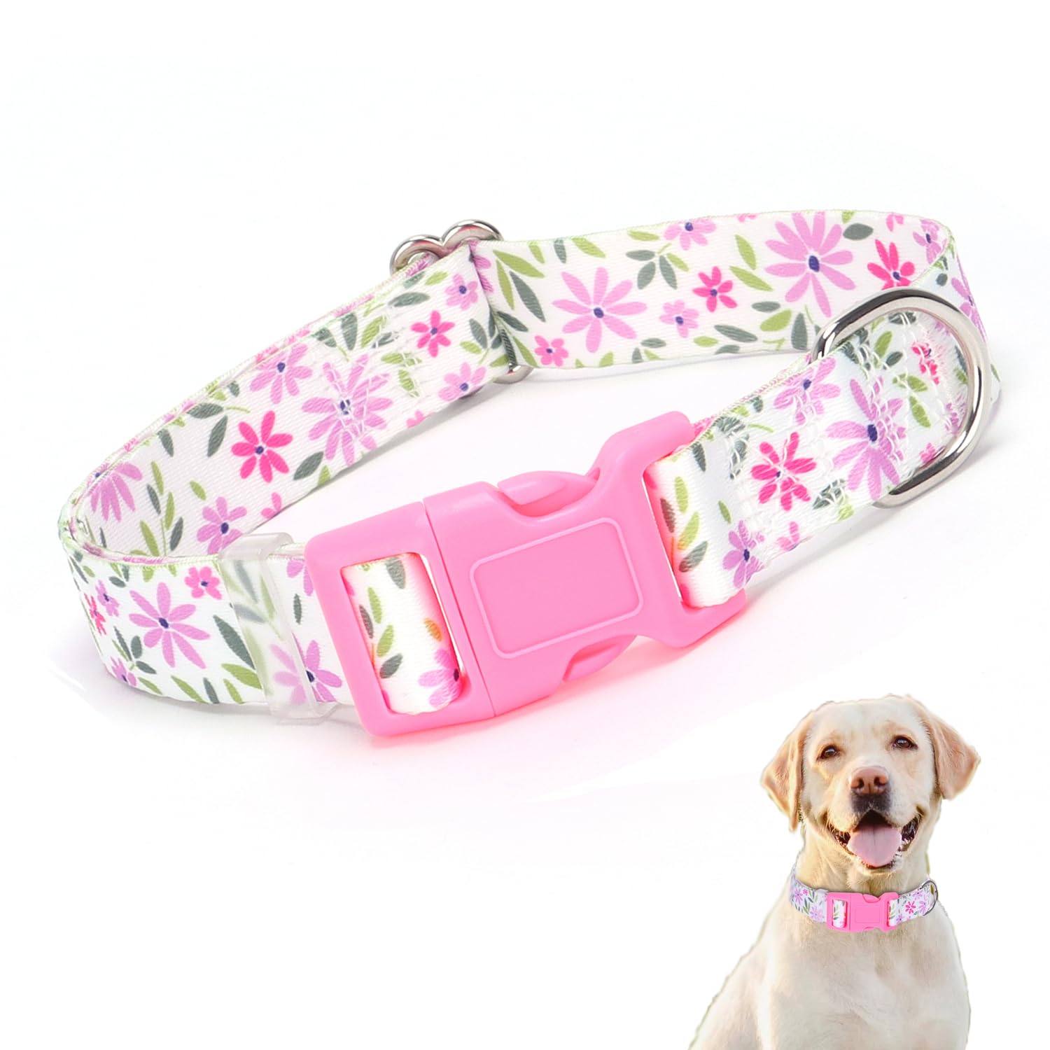 Collier floral pour chienne en nylon souple et boucle rapide rose