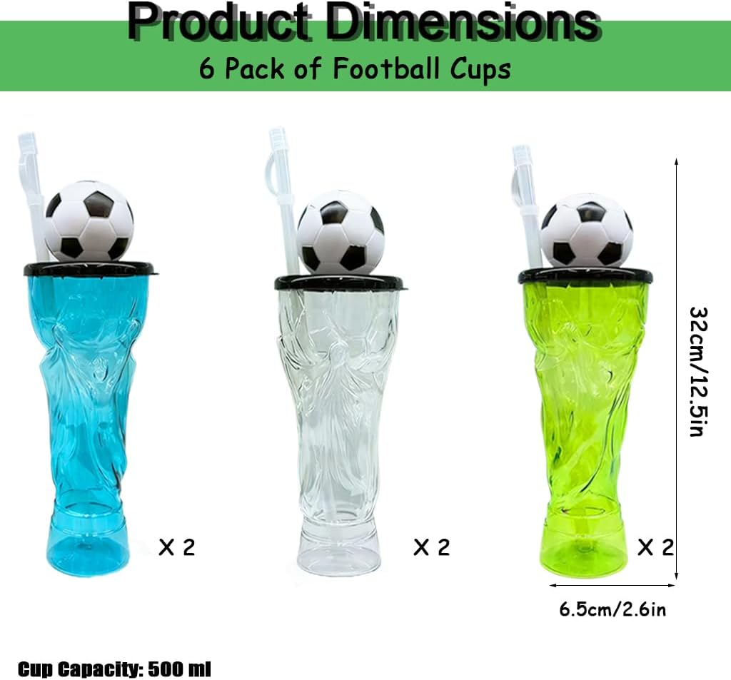 KEPATO Soccer Party Decorations Soccer Cups 6 Pack, 17 oz Reusable Plastic Cups with Lids and Straws, Soccer Party Favors, Soccer Birthday Party Decorations, Sports Party Supplies