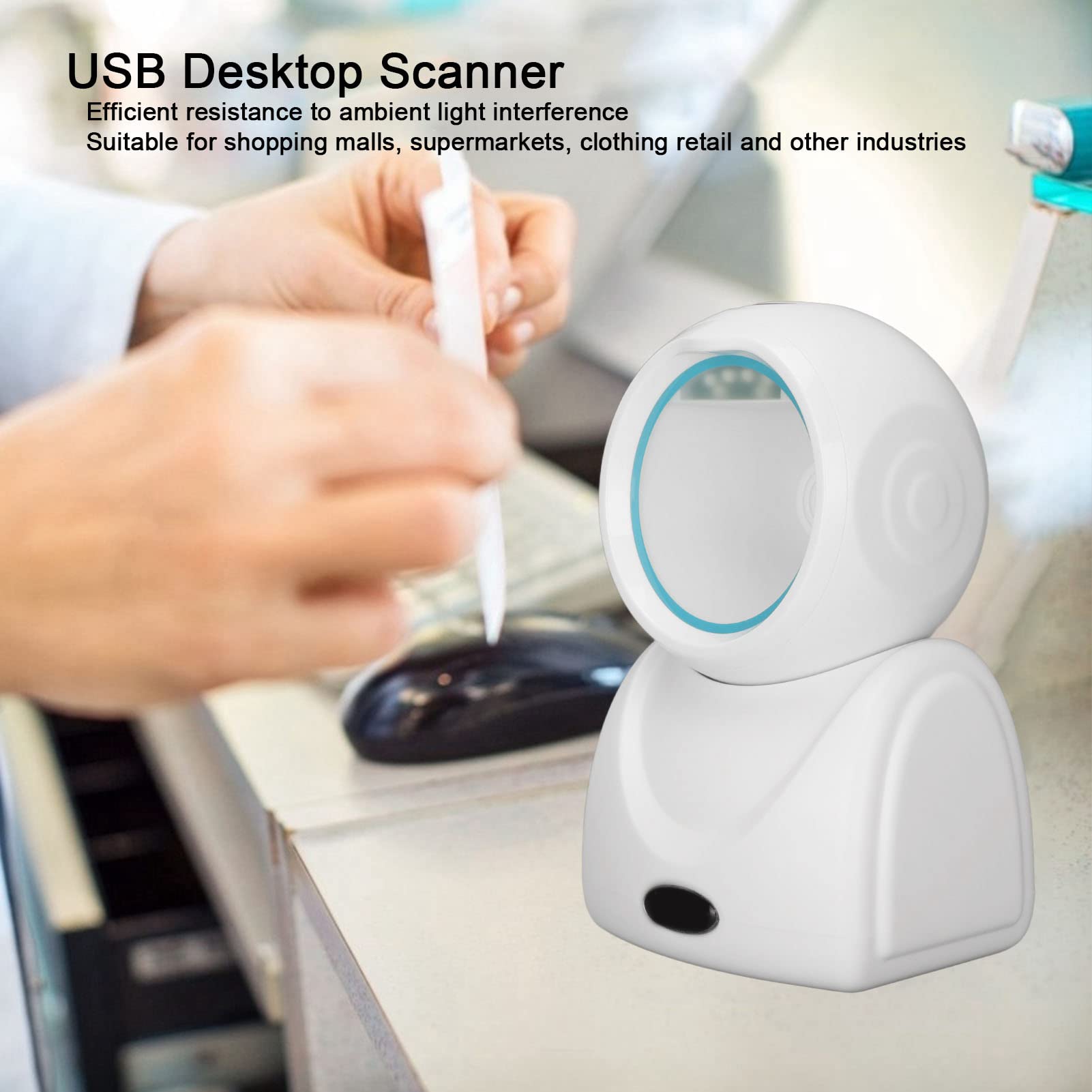 Escáner de código QR de escritorio preciso de decodificación rápida CMOS USB omnidireccional escaneo negro ABS dispositivo compatible con lectura de pantalla de teléfono móvil para centros comerciales