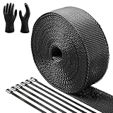 CARDI 2' x 50' Black Exhaust Heat Wrap for Motorcycle Fiberglass Heat Shield Tape with 14 Black Stainless Ties and Gloves