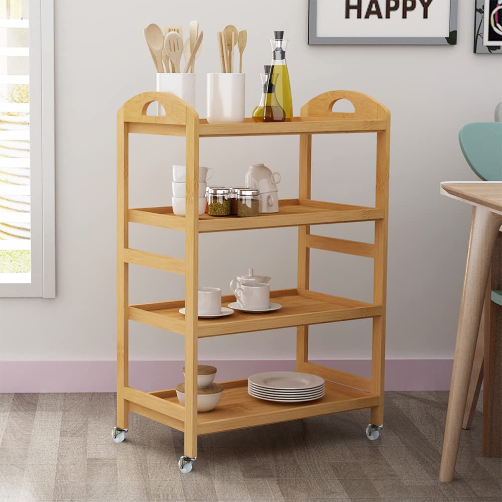 Carrello Da Cucina In Bamb&ugrave; 4 Ripiani - Con Ruote Girevoli, Design Sottile, Per Angoli Stretti, 60x18x96cm