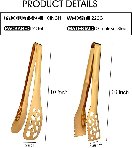 Miniatura 6 de Paquete de 2 pinzas de cocina para cocinar, pinzas de acero inoxidable dorado de 10 pulgadas para parrilla, utensilios de servir resistentes al