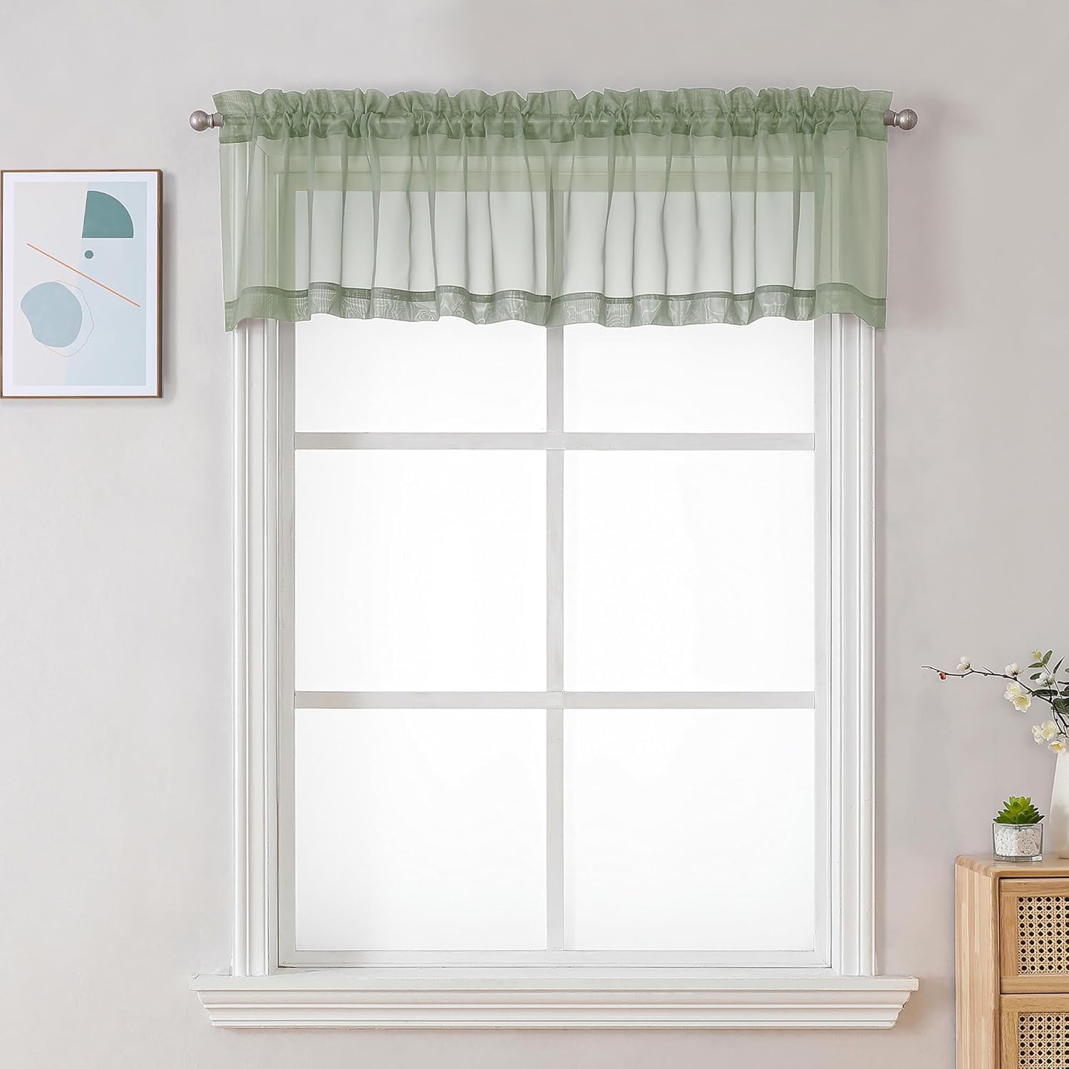 Chyhomenyc Sage Green Sheer Valance for Windows 2 Pack | Light Filtering Small Window Curtains for Living Room Bathroom Laundry Basement Top Rod Pocket Voile Each 59Wx14L inches
