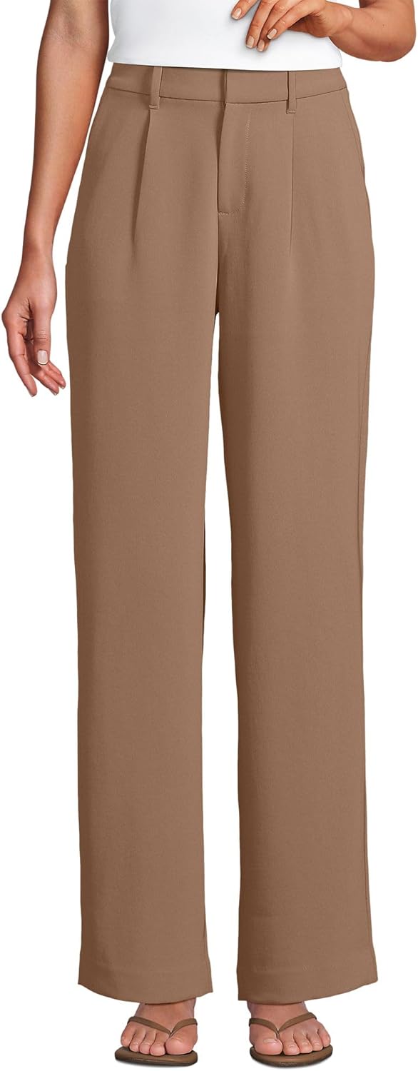 Lands' End Women's Crepe High Rise Pleated Wide Leg Pants