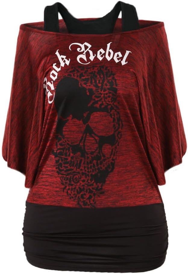 ClothingLoves Women's Top Batwing Short Sleeve T Shirt Vest Dolma Skull Blouse Wine