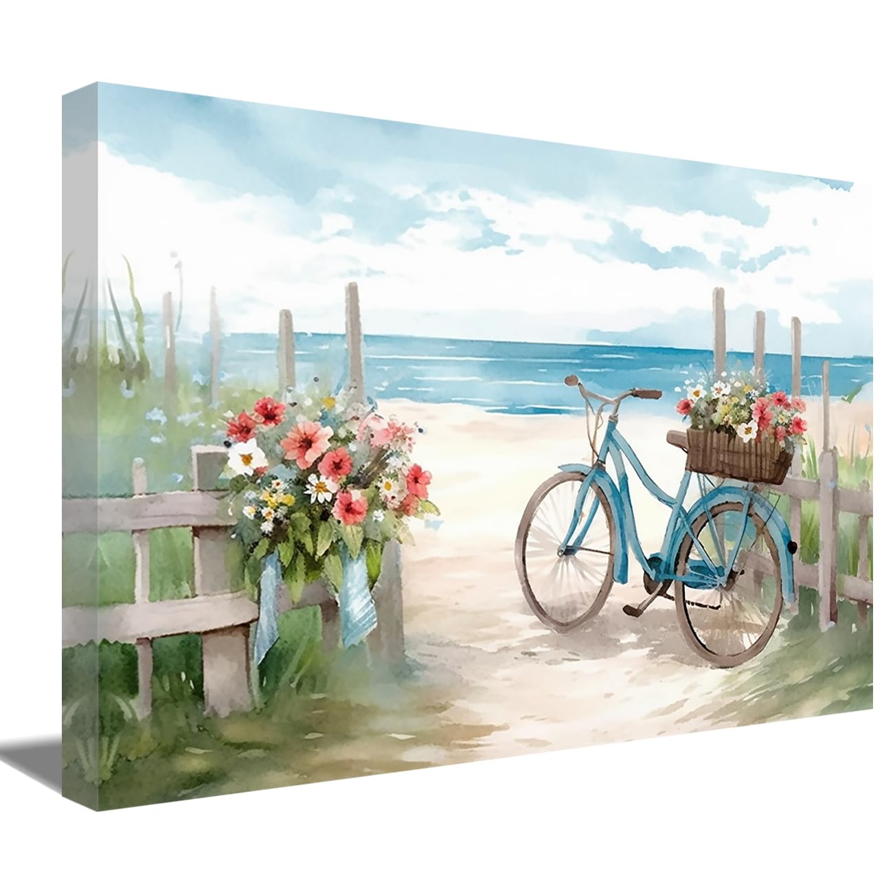 Tableau sur toile motif floral et vélo de plage 60 x 90 cm