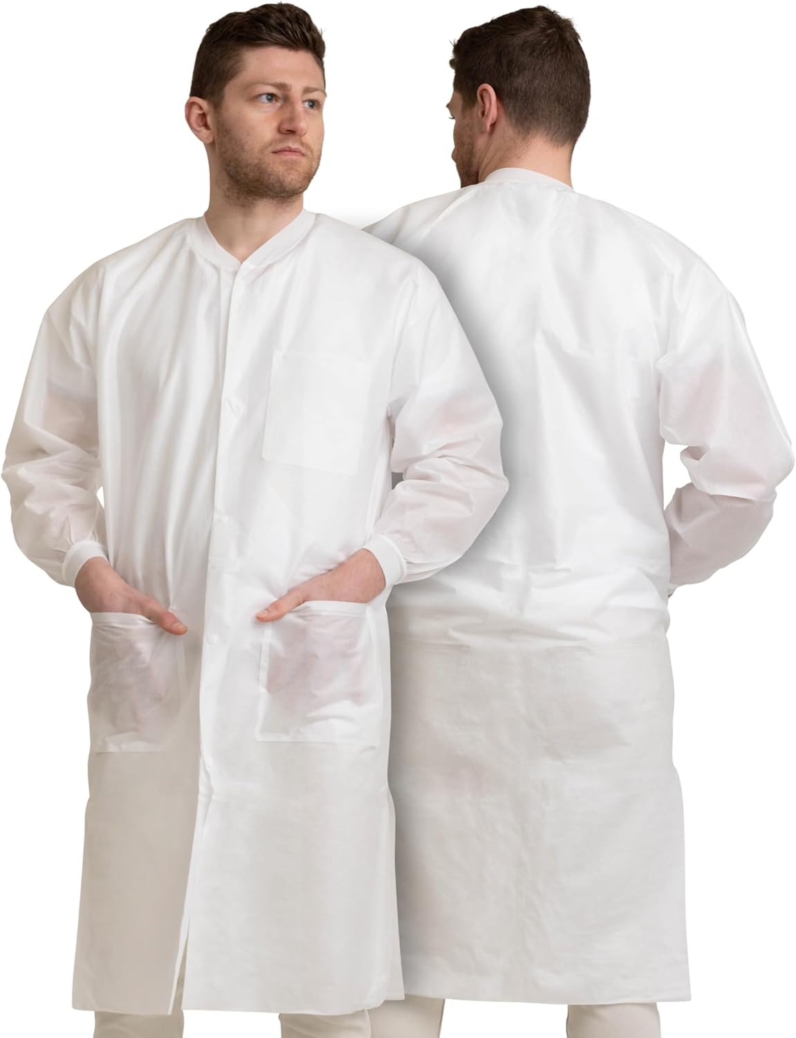 Pack of 10 Disposable Lab Coats - White - With 3 Pockets and Soft Knit Cuffs & Collar | SMS Unisex Knee Length Medical Lab Jacket, For Hospitals, Pharmacies, Labs, Dental Clinics, Painting - Medium